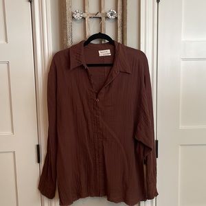 Urban Outfitters 100% Cotton Fringed Brown Button Up Blouse